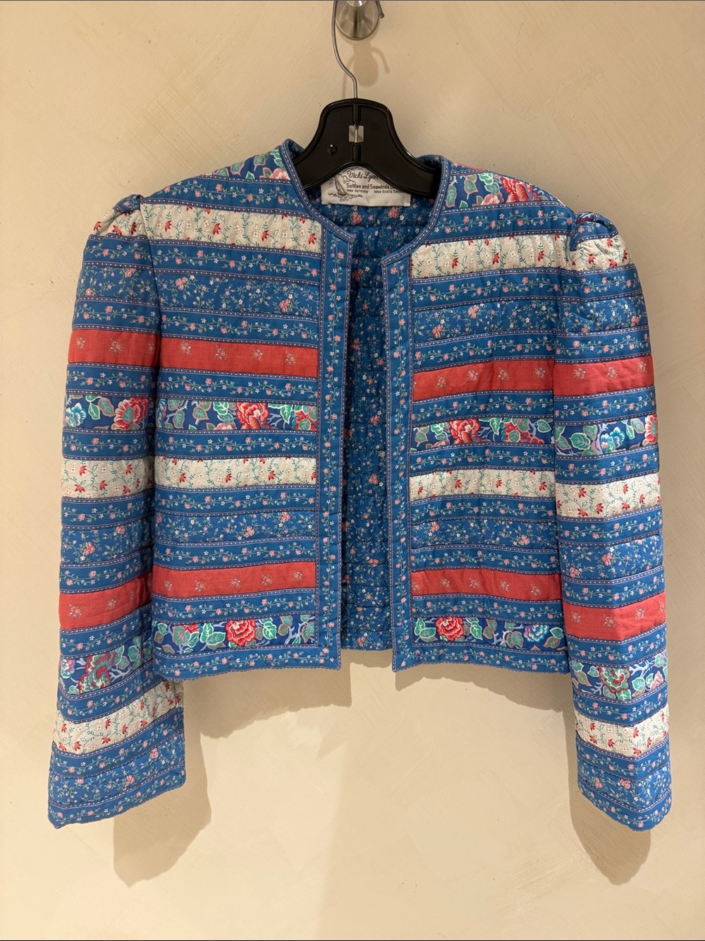 Vintage hand made in Canada Blue Floral Striped Quilted Jacket with Red Accents